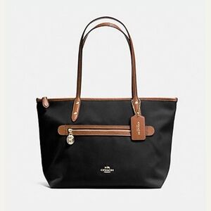 Coach Navy Blue Sawyer Canvas Tote with Saddle Brown Leather Trim Shoulder Bag